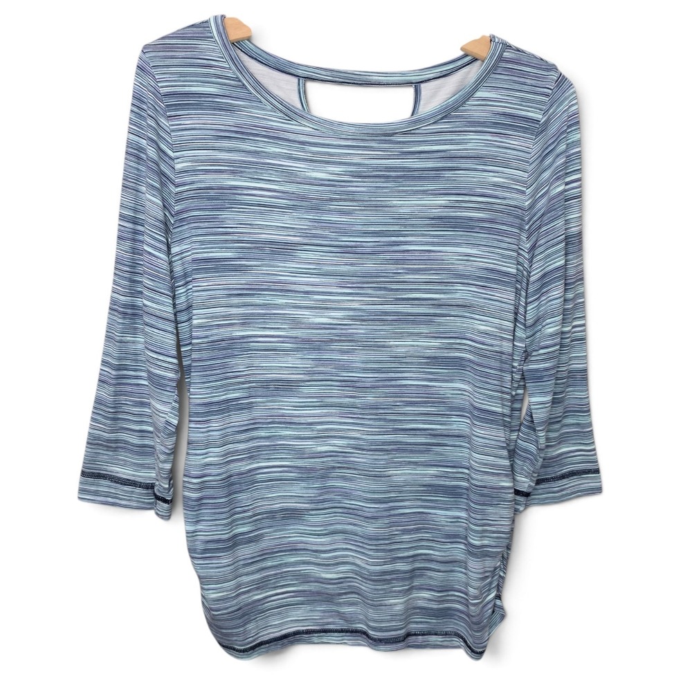 T by Talbots Top Petite Large LP Blue Space Dye Cutout Back 3/4 Sleeve Athleisur